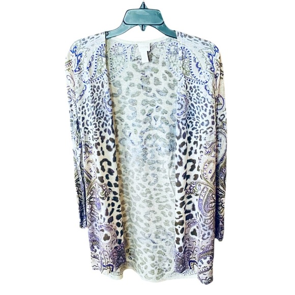 Chico’s linen blend lightweight open front cardigan sweater 4 cream purple gray - Picture 1 of 10